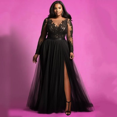 Black Sheer Elegant Mother-of-the-bride Dress Round Neck Lace Sequins A-line
