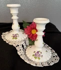 ◇2 Fenton Silver Crest Violets in The Snow Milk Glass Handpainted Candlesticks