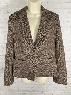 Nautica Wool Blend Herringbone Brown Single Button Blazer Jacket Womens 10