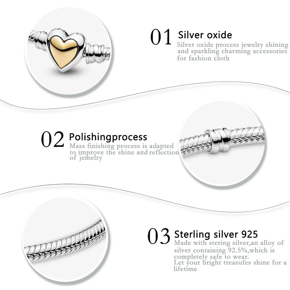 NUEVO 925 Plata de Ley Momentos Cúpula Oro Cierre Corazón Serpiente Cadena Pulsera Regalo Foto 2 de 3