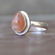 Handmade Natural Pear Cab Sunstone Gemstone 925 Sterling Silver Gift Ring Size 7