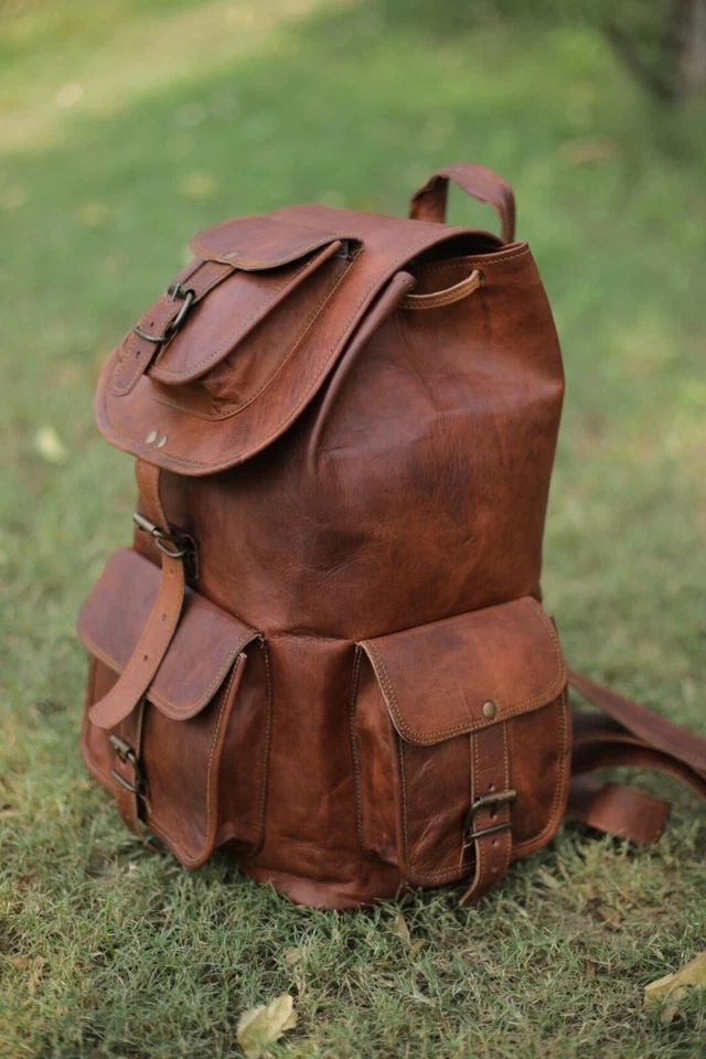 30" Men's Large Real Vintage Leather Backpack Brown Travel Rucksack Laptop Bag - Image 3 of 4