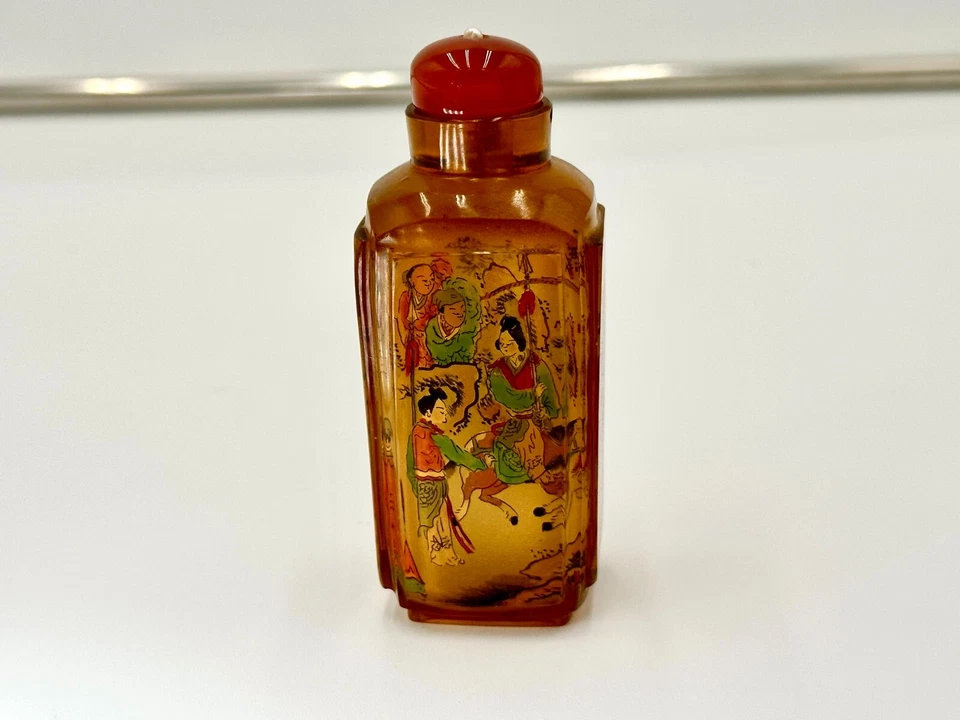 Botella de tabaco antigua china grande forma cuadrada interior pintada de vidrio ámbar Foto 3 de 4