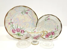 Vintage Iridescent Norleans Japan Footed Teacup & Saucer Set January Carnation