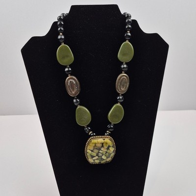Artisan Statement Necklace Green Black Beaded 20'' Hook Closure Boho Chic Style
