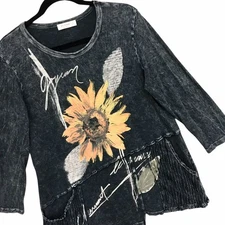 Jess & Jane Mineral Wash Tunic Top Gray Asymmetric Pockets Sunflower Artsy Sz L