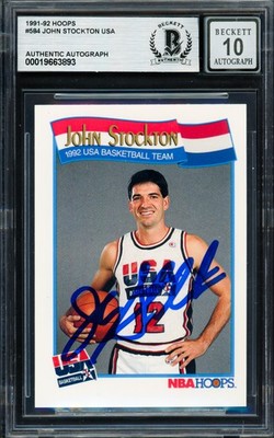 John Stockton Auto 1991-92 Hoops Card 584 1992 USA Dream Team Auto GM 10 Beckett