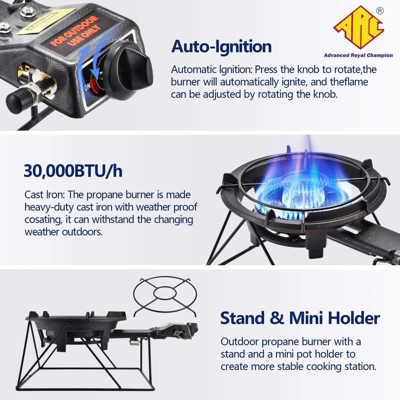 ARC 13" Propane Burner Stove, Cast Iron Portable, Sturdy Stand, Outdoor Cooking