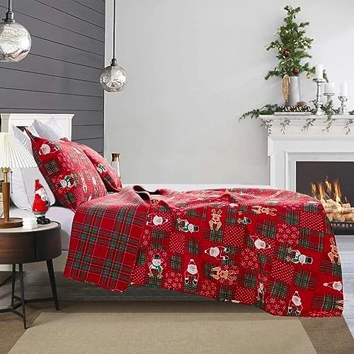Juego de edredón Feliz Navidad patrón a cuadros rojo verde talla muñecos de nieve rey multicolor Foto 3 de 4