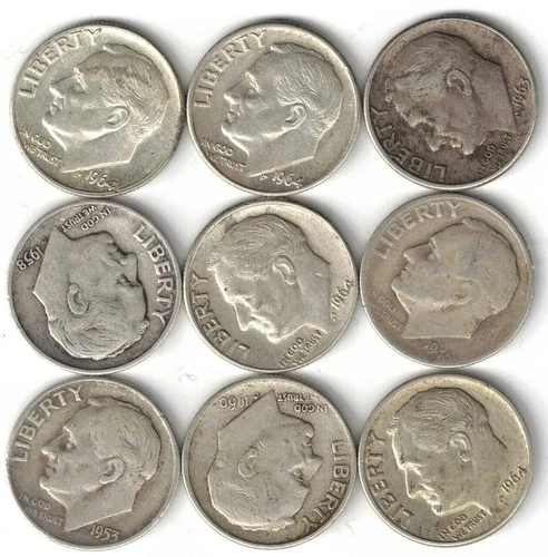 Lot of (9) Roosevelt Dimes 90% Silver Dates 50's & 60's   [56]