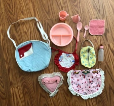 12 Pieces Vintage 1950s Amsco Doll E Bottles, Dish, spoons, Diaper Bag And More