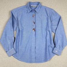 Vintage Yves St Clair Blue Cotton Oxford Button Up Shirt Kitten Embroidery