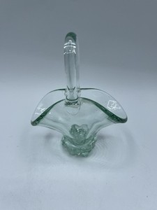 Vintage Hand Blown Mini Glass Basket With Handle Fan Shape Mini