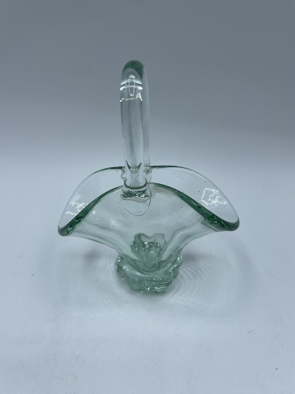 Vintage Hand Blown Mini Glass Basket With Handle Fan Shape Mini