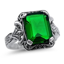 VIVID GREEN 925 STERLING SILVER VINTAGE ANTIQUE STYLE SIM EMERALD RING 1348