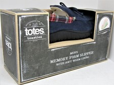 Men's memory foam slippers, navy with plaid lining. Size M, 8-9 . New.