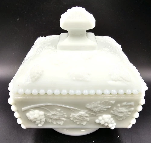 Vintage Westmoreland Milk Glass Candy Dish with Lid Pedestal Grapes/Vines/Leaves