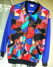VTG 80S L M NINO WONG USA ABSTRACT ART COLORFUL RED GREEN GEOMETRIC BLOUSE WOMEN