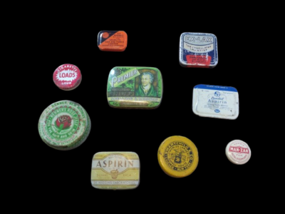 Sample Sized Advertising Tin Lot (9) Snuff Aspirin Salve Watch Parts  Cigarette