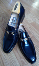 VINTAGE GUCCI GOLD GG HORSEBIT BLACK LEATHER MEN'S LOAFERS SHOES SIZE 11 US