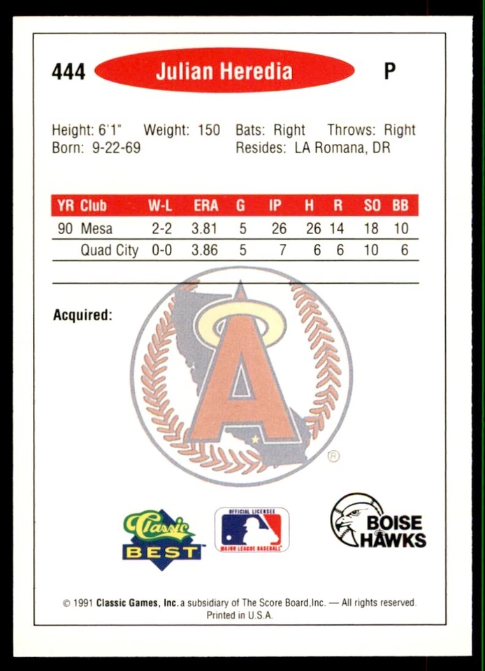 1991 Classic Best Minor League Julian Heredia Baseball Cards #444 - Image 2 of 2