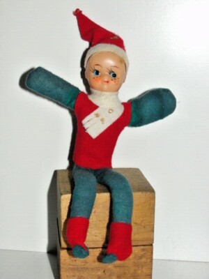 VTG Christmas Elf Pixie Hugger Bendable Ornament Red Green Felt 7'' Rubber Face