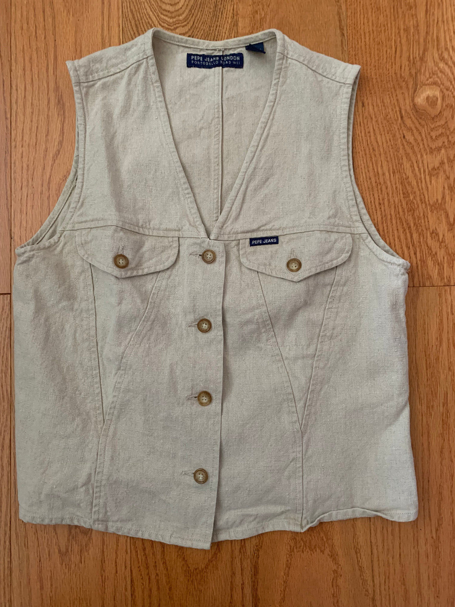 Vintage PEPE Jeans London Biker Trucker Vest 90's Size Small Linen