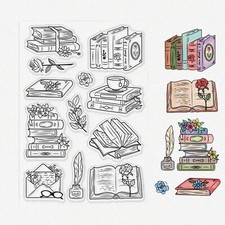 Vintage Books  Flowers Silicone Stamps Set with Quill Pen, Ink Box  Envelopes