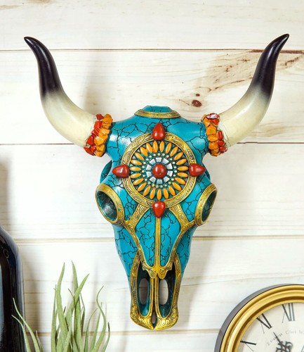 Southwest Steer Bison Cow Aztec Sun Gold And Turquoise Mosaic Skull Wall Decor - 第 9/10 張圖片