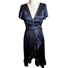 Blue Rain Francescas Navy Blue Satin Wrap High Low Ruffle Dress Small