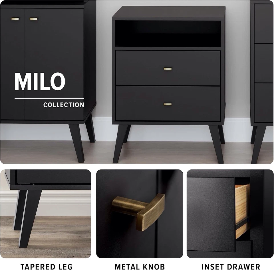 Mesita de noche Prepac Milo Mid Century moderna de 2 cajones alta en negro nueva en caja Foto 4 de 4