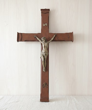 Antico crocifisso da parete grande 30" in legno e ottone Memento Mori croce t...