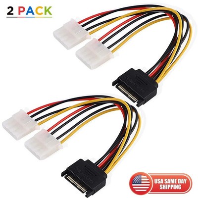2pcs 8'' 15-pin SATA Male to Dual 4pin Molex Female Power Adapter Cable Connector