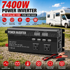 7400W Car Power Inverter Solar Converter DC 12V To AC 110V LCD Sine Wave Home RV