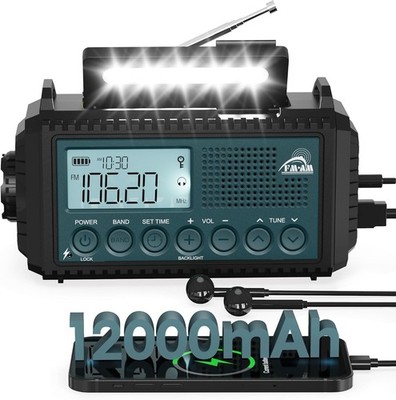 Roxicosly Kurbelradio, Notfallradio mit 12000 mAh Power Bank, AM/FM