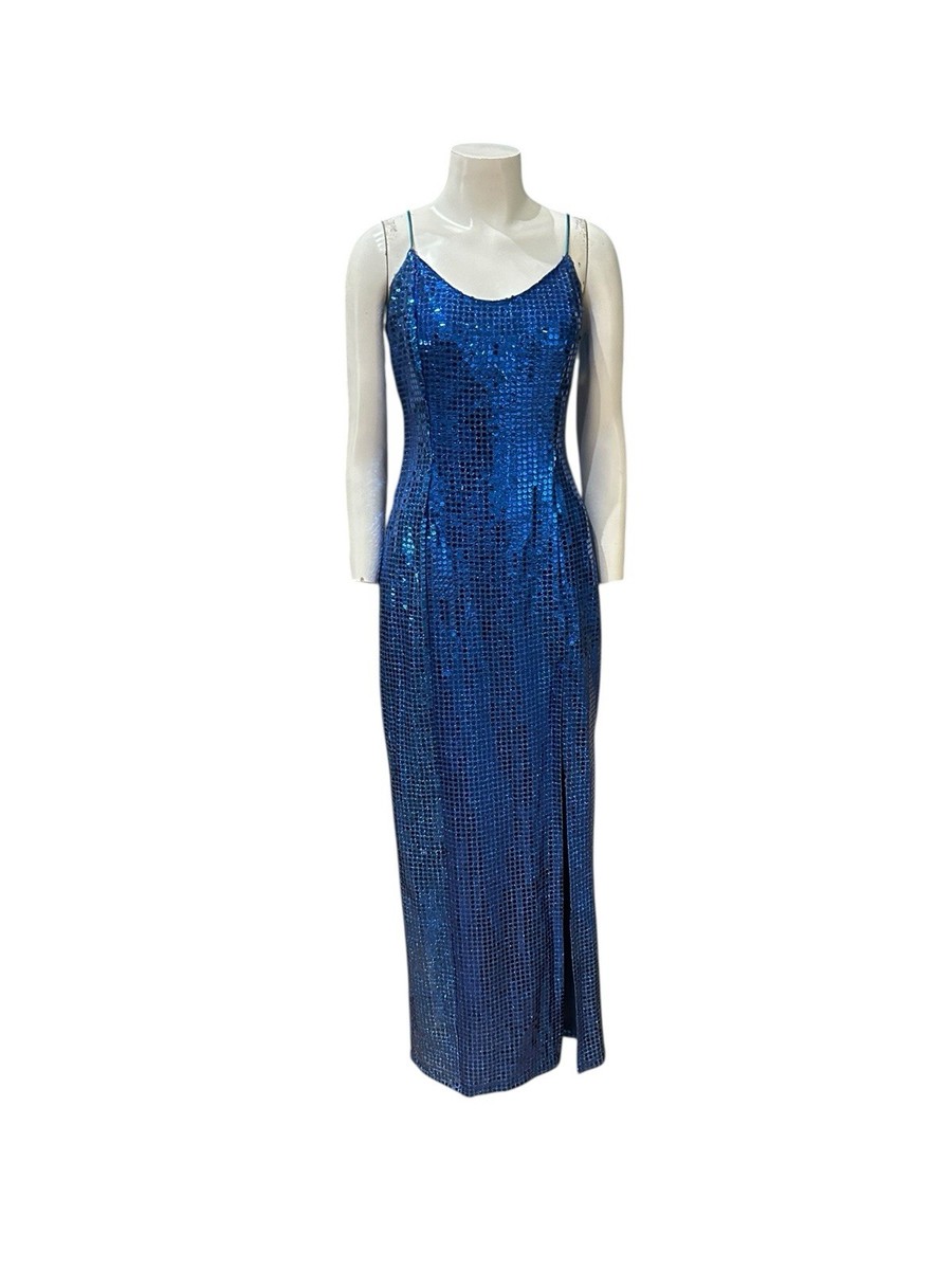 Vintage L.A. Glo Blue Sequin Maxi Dress 90s Spaghetti Strap Gown Small