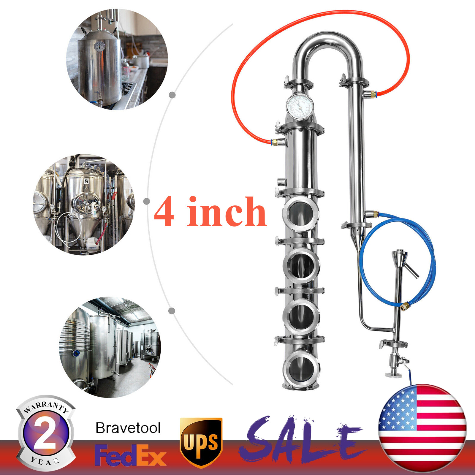 4" Inch Stainless Moonshine Still Reflux Column With Copper Bubble Plate 52 Gal