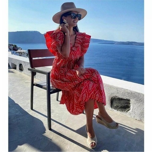 NEU Zara Voluminös Rot Cutwork Bestickt Midi Rüschen Rüschen Kleid Medium - Bild 7 von 13