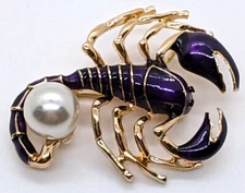 Betsey Johnson ~ Purple & Pearl Gold Scorpion Scorpio  Pendant / Brooch & Chain