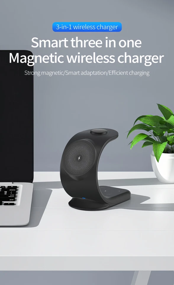 Drahtlose Magnetische Ladestation für iPhone, Apple Watch & Air Pods - Schwarz - Bild 4 von 4