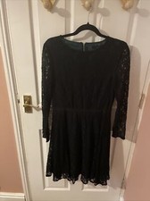COAST Dark Forest Green Black Lace Long Sleeve A-Line Dress, Size 14