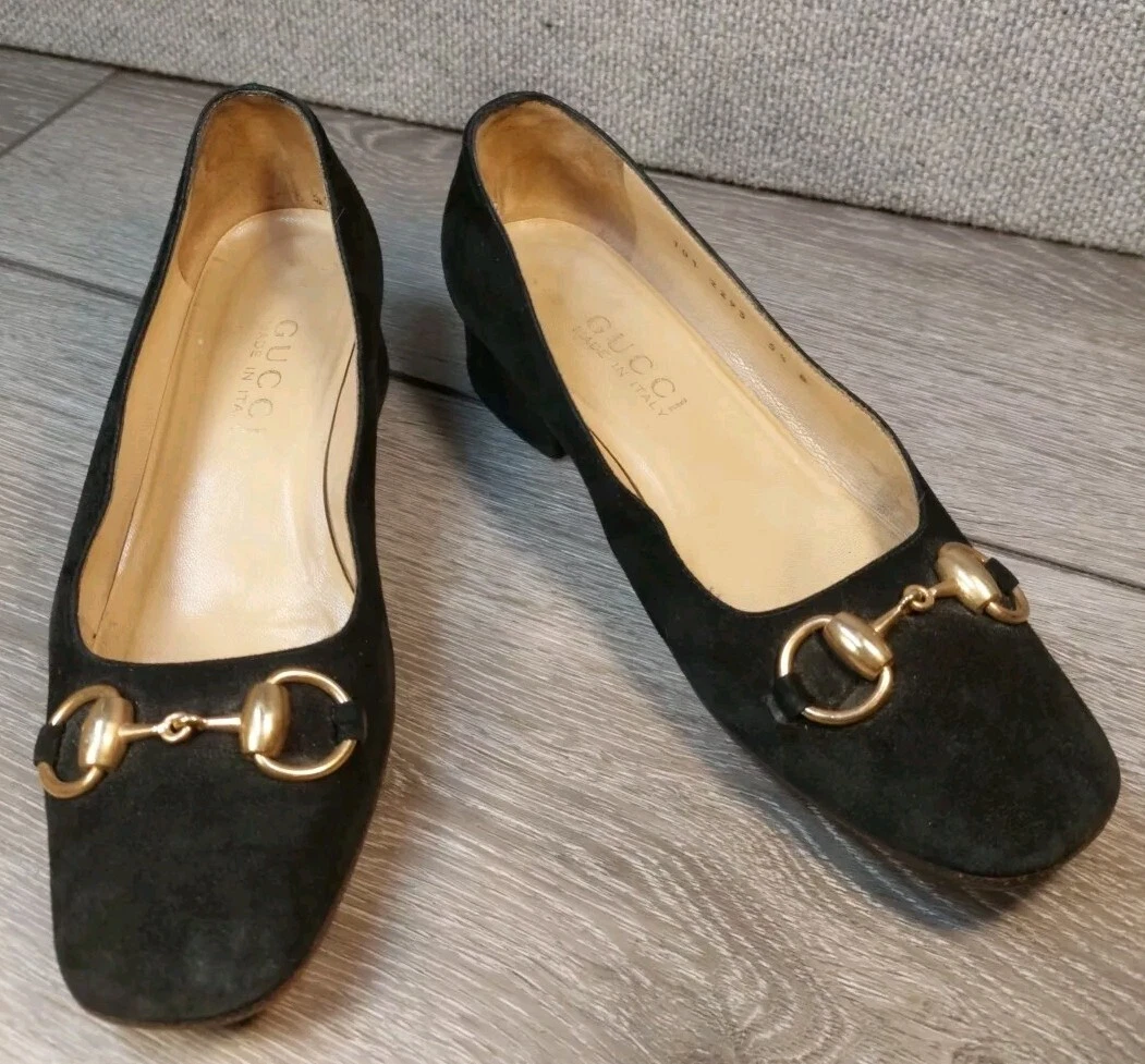 Escarpins Gucci en daim noir Horsebit femme taille US 5,5B Italie talon bas chaussures italiennes