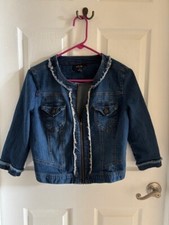 Cropped Denim Jacket - Small, Zip  Button Closure, Frayed Trim, Front Pockets