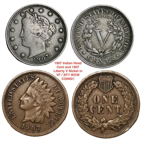 (2 PC) 1907 Indian Head Cent Penny AND 1907 Liberty V Nickel FULL LIBERTY VF XF