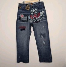 Vtg Y2K Streetwear Jeans 34x33 Akademiks Unseen Forces Patch Print Distressed