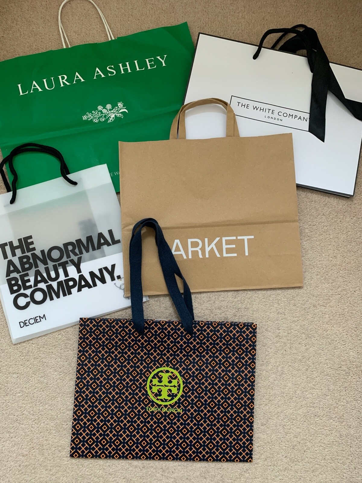 5 designer shopping/ carrier bags Tory Burch Laura Ashley Arket White