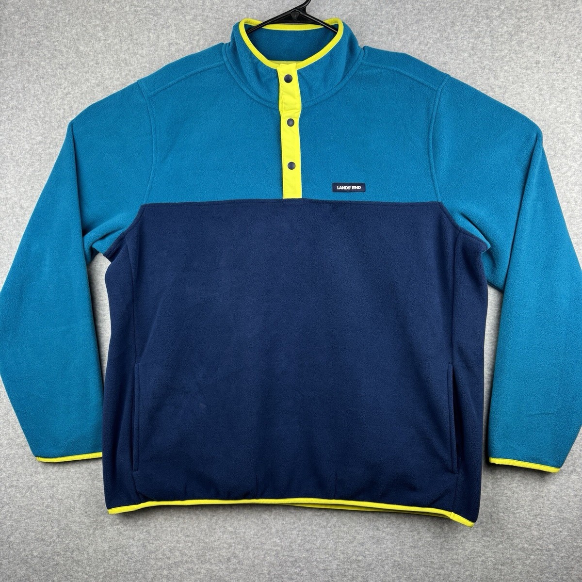 Lands' End Heritage Colorblock Navy Teal Snap Neck Pullover Fleece