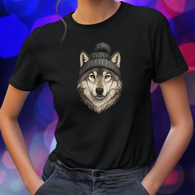 Women Wolf Winter Hat Print Cotton T-Shirt Size S to 3XL