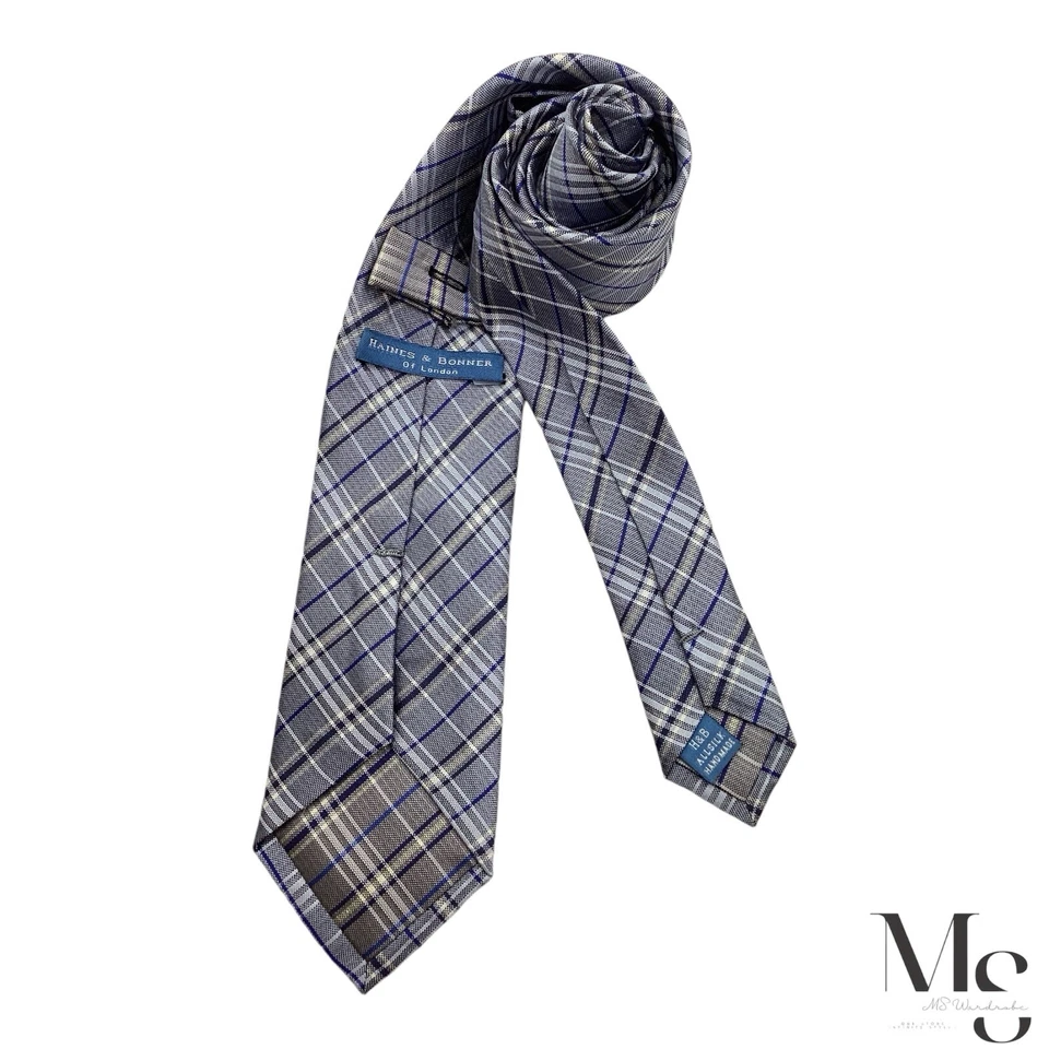 Corbata de seda de lujo a cuadros y cuadros azules de Haines & Bonner hecha a mano con: 3" EXCELENTE ESTADO Foto 2 de 4