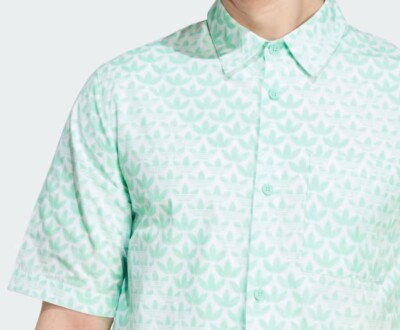 NEW Adidas Graphics Monogram Allover Print Easy Green Button Up SS Shirt Mens XS